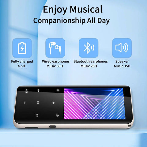 96GB MP3 Player With Bluetooth Five Point Two On The Go Portable Music Player showing battery and playback time on screen