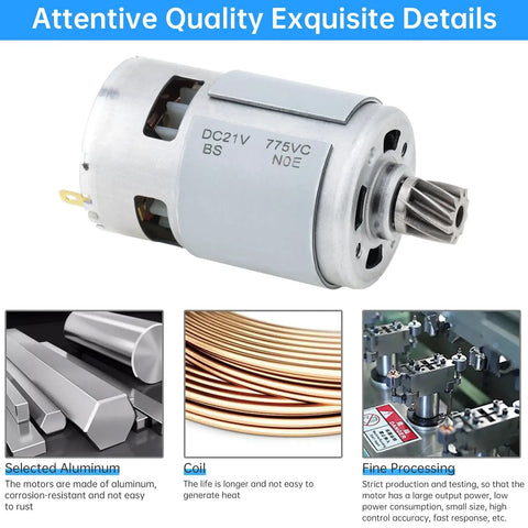 Beefy 21V DC Motor With 19500 RPM And 10T Helical Gear High Torque Replacement shown with aluminum, coil, and processing details