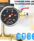Stainless Steel Liquid Filled Pressure Gauge 0-100 Psi, One Eighth NPT, One Point Five Inch Dial, Back Mount, Glycerin Filled For Smooth Readouts, Beefy Industrial Gauge For HVAC And Plumbing, Includes Quarter NPT And Three Eighths NPT Hex Bushings.
