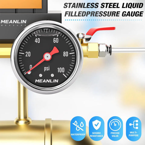 Stainless Steel Liquid Filled Pressure Gauge 0-100 Psi, One Eighth NPT, One Point Five Inch Dial, Back Mount, Glycerin Filled For Smooth Readouts, Beefy Industrial Gauge For HVAC And Plumbing, Includes Quarter NPT And Three Eighths NPT Hex Bushings.