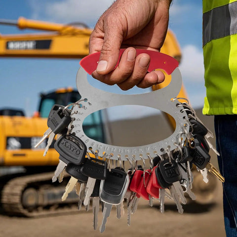 Hand holding Heavy Equipment Master Pro Grade Key Set For Construction Machinery With 43 Keys For 21 Major Brands in front of excavator.