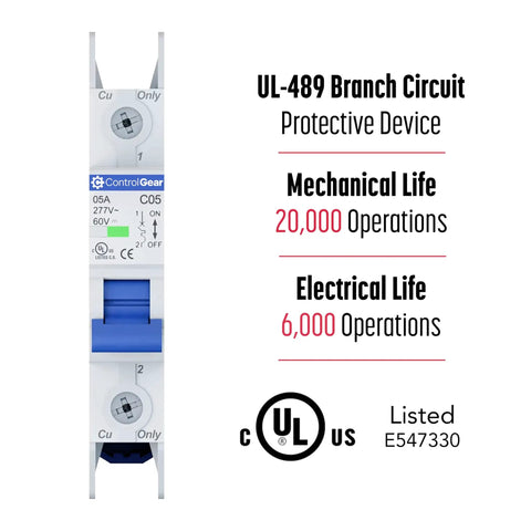 UL489 Listed Mini Circuit Breaker 5 Amp C Curve for 277VAC 60VDC, 10kAIC, DIN Rail Mount, Non Polarized MCB, front view