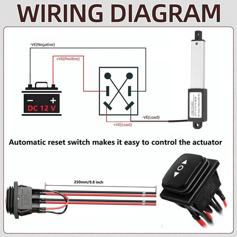 Wiring diagram for 12V Mini Linear Actuator With 4 Inch Stroke, 60N Load, Speed 15mm Per Second, IP54 Waterproof, Low Noise 50dB
