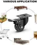 Heavy Duty Caster Wheels With Brakes And Screws Set Of 4 Each Up To 440 Lbs Capacity shown with various applications for furniture and equipment