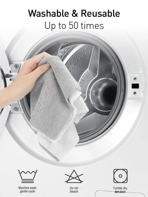Fantasticlean gray microfiber cleaning towel held by hand in front of washing machine drum