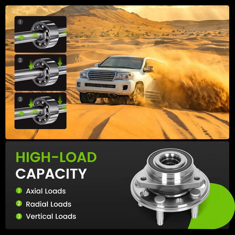 Two Pack Front And Rear Wheel Bearing And Hub Assembly 513288 Fit 2010-2017 Equinox Malibu Impala Terrain Lacrosse Regal Allure With 5 Lug And ABS Sensor Direct OEM Replacement showing load capacity features.