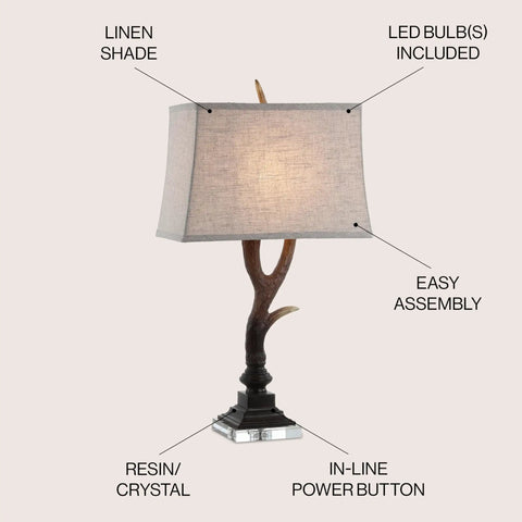 Rustic 29.5 Inch Antler Table Lamp With Brown Clear Faux Resin And Crystal Base Light Grey Linen Shade LED Bulb Included UL Listed For Cabin Decor That Elevates Cabin Living Vibe