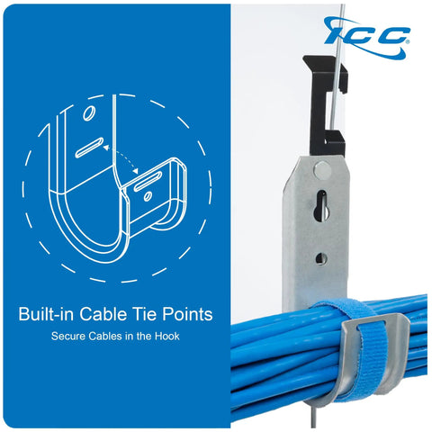 J Hook Batwing 3/4 Inch 25 Pack for Low Voltage Cable Runs including Cat5e Fiber Optic, shown with built-in cable tie points