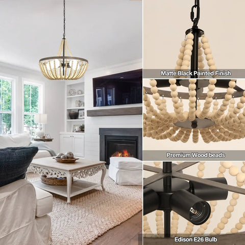 Boho Wood Bead Chandelier With Five Lights And 20 Inch Diameter, Rustic Farmhouse Ceiling Pendant in living room setting with details