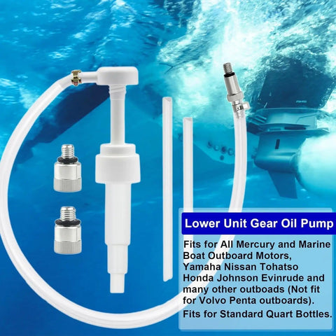 Gear Oil Pump For Marine Outboards Quick Pour Kit with adapters and metal swivel for standard quart bottles
