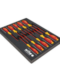 Insulated SoftFinish Cushion Grip Screwdriver Tray Set, Ten Piece with red and yellow handles in convenient carry tray.