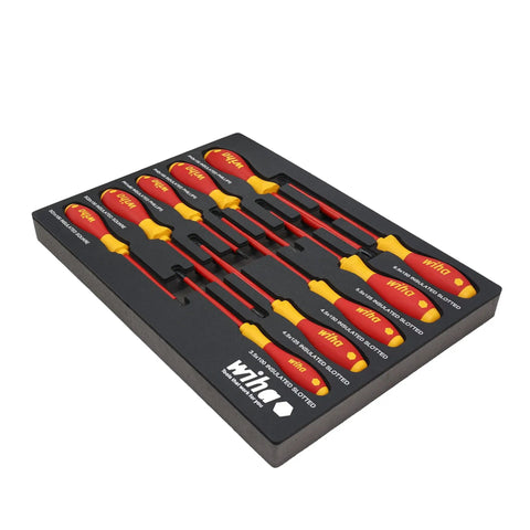 Insulated SoftFinish Cushion Grip Screwdriver Tray Set, Ten Piece with red and yellow handles in convenient carry tray.
