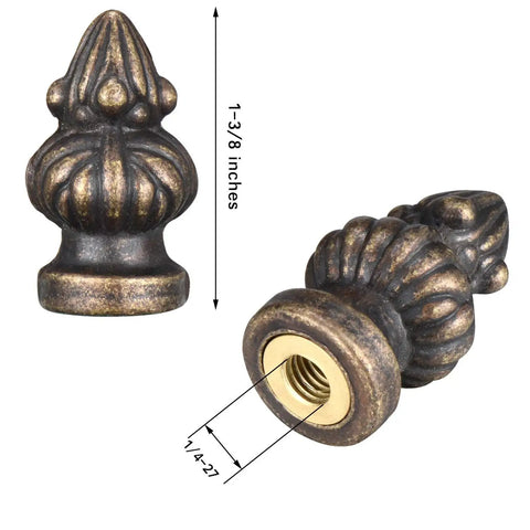 Two Pack Antique Brass Lamp Finial Caps For Lamp Shade Small One And Three Eighths Inches Dual Thread 1/8 IP 1/4-27.