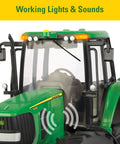 Close-up of 1/16 Scale Farm Tractor With Wagon Toy For Kids, Imaginative Play Ready, showing realistic lights and sounds feature.