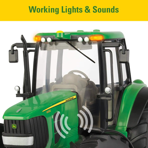 Close-up of 1/16 Scale Farm Tractor With Wagon Toy For Kids, Imaginative Play Ready, showing realistic lights and sounds feature.