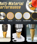 5-piece titanium-coated HSS step drill bit set, 3/16 to 1-3/8 in, for metal, aluminum, wood and plastic