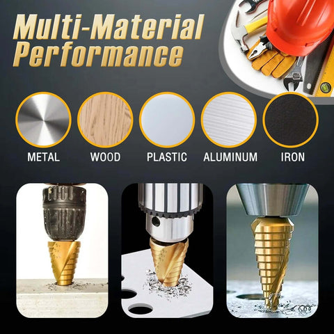 5-piece titanium-coated HSS step drill bit set, 3/16 to 1-3/8 in, for metal, aluminum, wood and plastic