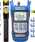 Front view of blue 2-piece rechargeable optical power meter with fiber tester pen and FC-LC adapter for SC/FC/ST/LC interfaces