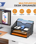 Sturdy Metal Mesh Letter Tray Organizer For Your Desk With 3 Paper Trays And 2 Vertical Uprights placed on desk with letters and documents