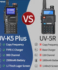 Comparison of UV-K5 Plus and UV-5R walkie talkies with features; 10W Two Way Radio For Outdoor Survival, Your Go-To Rechargeable Walkie Talkie With NOAA Weather, Built For Long Range, USB-C Charging, High Gain Antenna, Copy Frequency Ready, Ideal For Hunting, Camping, And Trail Trips.
