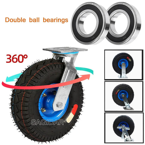 Built Tough High Elastic Rubber Caster Wheels That Roll Slick With Swivel Brake Lock And Reinforced Steel Base For Tool Carts Toolboxes Garage Gear 2 Pack 10 Inch showing 360-degree swivel wheel with steel plate.