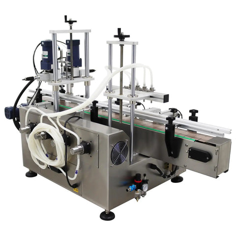 Desktop Four Head Magnetic Pump Filling And Capping Machine For Liquids Five To One Thousand Ml with stainless steel frame.