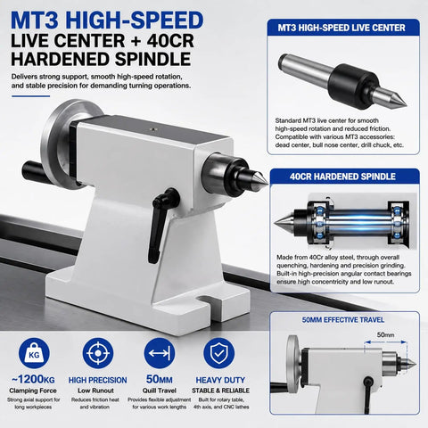 Tailstock MT3 Pro Grade 50mm Travel For CNC Machining Mold And Medical Part Production with sub micron precision and spindle.