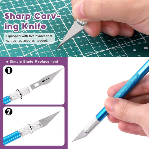 Person holding craft knife from All-In-One 55-Piece Hollow Punch Cutter Tool Kit With Cutting Pad, Hammer, Craft Knife And Case
