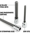 Close-up of 64 Piece Bit Socket Set With Long Reach And Up To 4 Inch Bits Hex And Torx Plus Specialty Bits; S2 alloy steel bits