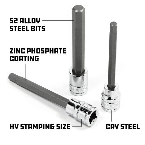 Close-up of 64 Piece Bit Socket Set With Long Reach And Up To 4 Inch Bits Hex And Torx Plus Specialty Bits; S2 alloy steel bits