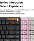 Close-up of Fly 75 Percent Wireless Mechanical Keyboard Featuring Tri Mode Bluetooth and USB C Connections, showcasing touch gesture controls.