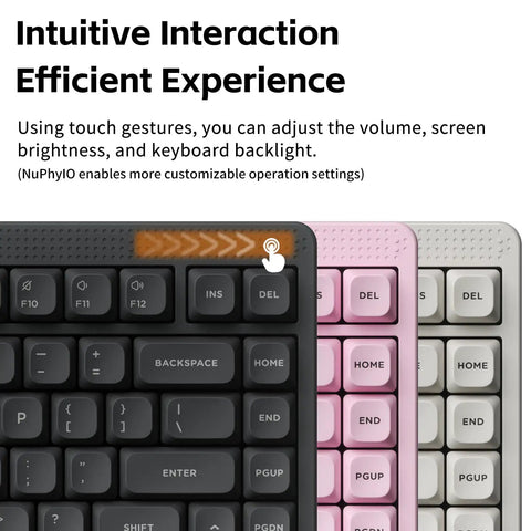 Close-up of Fly 75 Percent Wireless Mechanical Keyboard Featuring Tri Mode Bluetooth and USB C Connections, showcasing touch gesture controls.