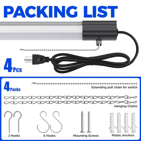 Packing list showing Boss Level Bright Four Foot LED Shop Lights 84W 10000 Lumens Daylight 5000K linkable pack for installation.