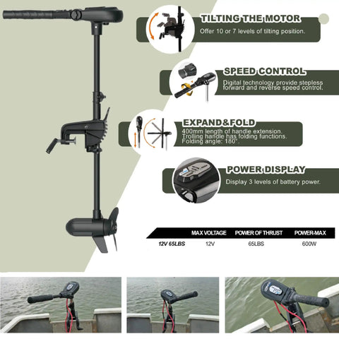 Brushless Transom Trolling Motor 12V 65 Lbs Thrust Featuring Quick Hand Control And Heavy Duty Construction displayed with features.
