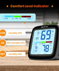 Pro Grade Digital Hygrometer And Indoor Room Thermometer With Swiss Sensors, Ultra Accurate Humidity Gauge With 0.5F Temperature Tolerance And Two Percent RH Range, 10 Second Update Rate For Precise Climate Tracking. Black desktop unit showing comfort level indicator