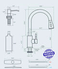 High Performance Slick Black Kitchen Faucet With Heavy Duty Pull Down Sprayer And Integrated Soap Dispenser crafted from lead free materials, detailed dimensions.