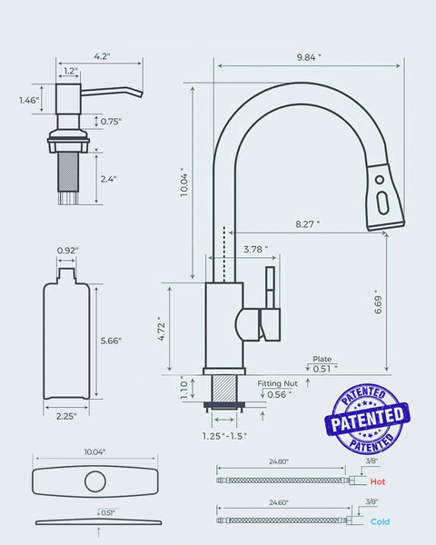 High Performance Slick Black Kitchen Faucet With Heavy Duty Pull Down Sprayer And Integrated Soap Dispenser crafted from lead free materials, detailed dimensions.