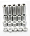 Front view: 25 aluminum spacers, 1/2 in OD x 1/4 in ID x 1/2 in length, unthreaded, plain finish