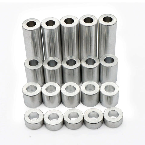 Front view: 25 aluminum spacers, 1/2 in OD x 1/4 in ID x 1/2 in length, unthreaded, plain finish