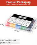 80 Piece Tactile Push Button Switch Kit With 4 Pin Momentary SMD PCB Tact Switches And 5 Color Button Caps packaging