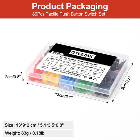 80 Piece Tactile Push Button Switch Kit With 4 Pin Momentary SMD PCB Tact Switches And 5 Color Button Caps packaging