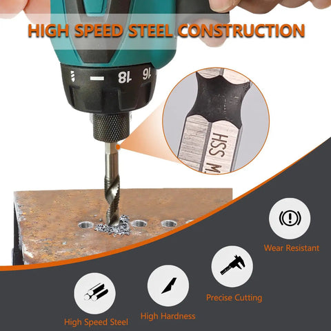 Six Piece Combo Tap And Drill Bit Set With Dual Twist Flute And 118 Degree Split Point High Speed Steel drilling metal