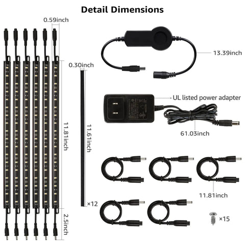 Dimensions and components of Smart LED Under Cabinet Lighting Kit With Alexa Voice And App Control Six 12 Inch Dimmable Linkable Light Bars