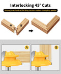 Interlocking 45-degree cuts showcasing Pro Level 3 Piece 45 Degree Lock Miter Router Bit Set With Quarter Inch Shank And Heavy Duty Tungsten Carbide Cutters For Cabinets And Drawers Runs Like A Champ And Delivers Dead Straight Joints Every Time.