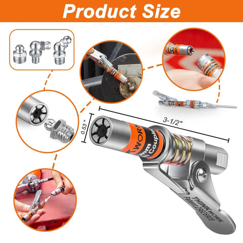 0.53 Inch Grease Gun Coupler With 6 Jaw Locking Mechanism, stainless steel design & 1/8 NPT fittings, shown in various uses