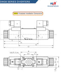 Technical drawing of Beefy Size Six 3-Position 4-Way Hydraulic Valve With Electric Solenoid NG6 for installation dimensions.