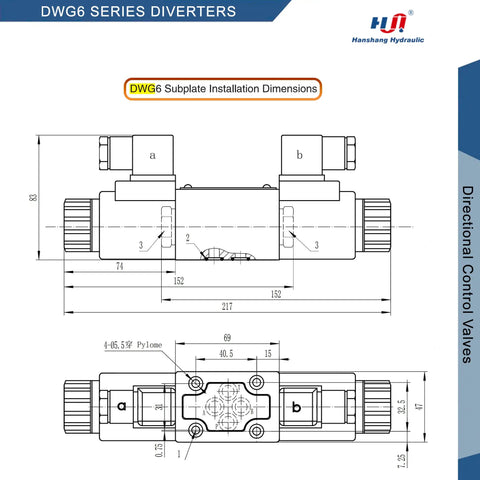 Technical drawing of Beefy Size Six 3-Position 4-Way Hydraulic Valve With Electric Solenoid NG6 for installation dimensions.