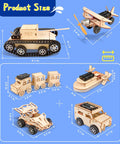 6-In-1 STEM Kit For Kids Ages 8-12 showing six wooden models including tank, plane, train, boat, race car, and truck with sizes