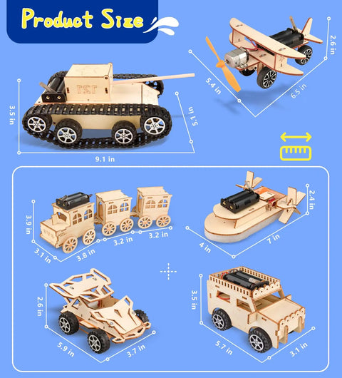 6-In-1 STEM Kit For Kids Ages 8-12 showing six wooden models including tank, plane, train, boat, race car, and truck with sizes