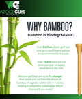 Biodegradable Bamboo Golf Tees One And A Half Inch 100 Count Stronger Than Wood Tees Lower Friction For Longer Drives PGA Approved Bulk Bag Eco Friendly Golf Tees Pro Grade with bamboo plants and text about sustainability and strength.